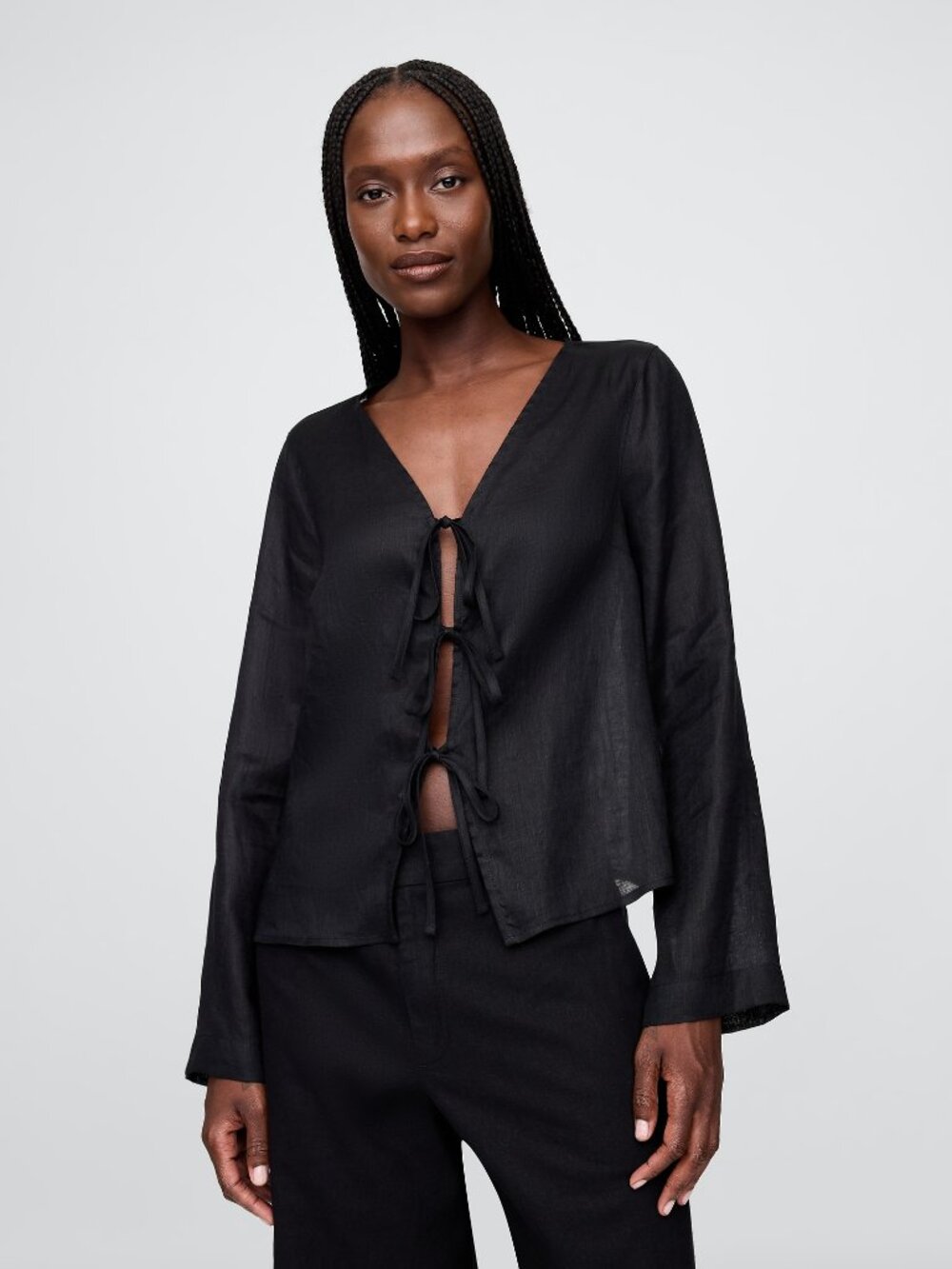 Gap Linen Tie Front Blouse in Black - L